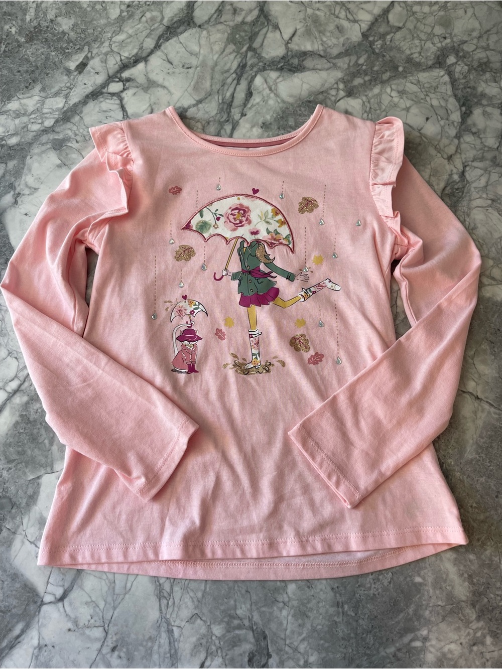 New! Cynthia Rowley Pink Long-Sleeve Ruffle Shoulder Tee with Umbrella Graphic